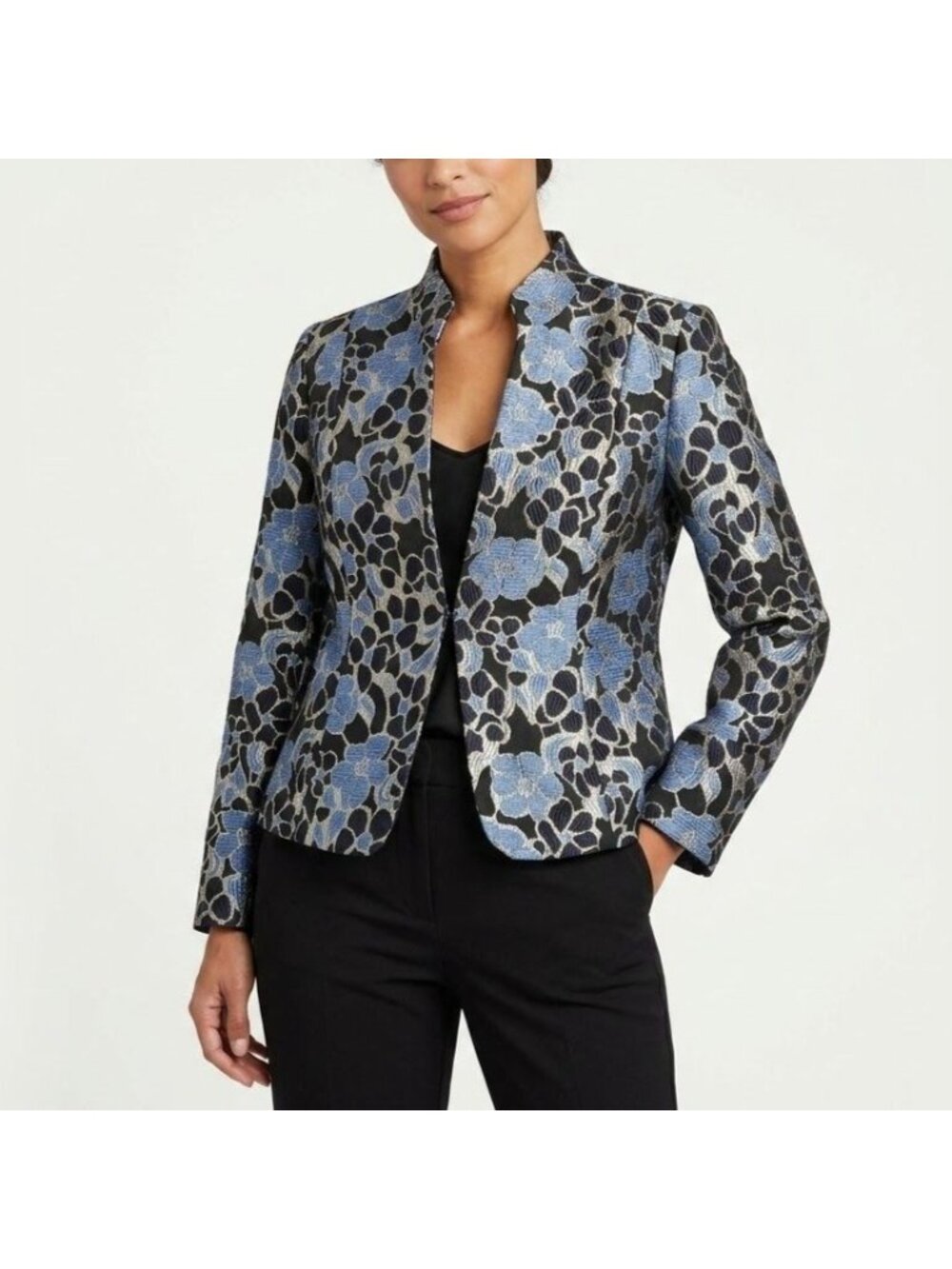 Studio148 Size 8 Black Blue Metallic Floral Jacquard Flared Sleeve Blazer Jacket